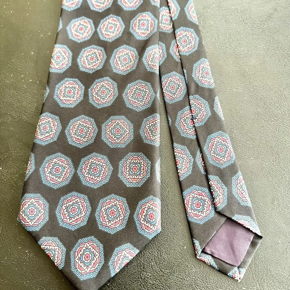 Lanvin Mens 100% Silk Tie Gray Red Blue Geometric Medallion Necktie Designer